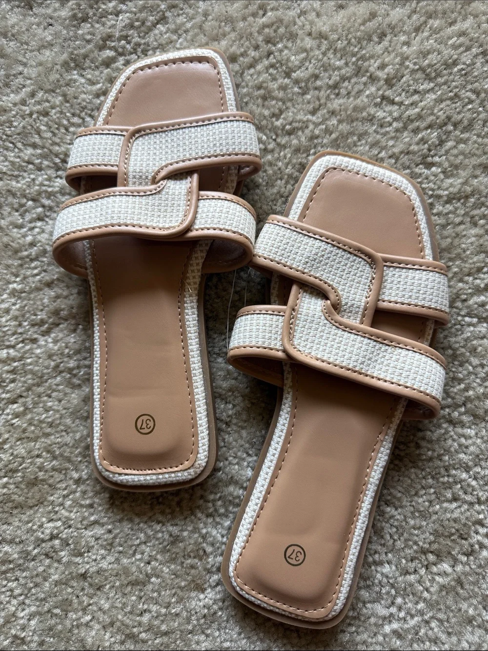 Neutral Beige & Ivory Woven Double-Strap Slide Sandals